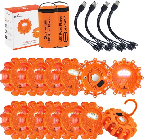 Miniatura 7 de Kit de bengalas LED de carretera para emergencia, kit de luces de emergencia para carretera con base magnética para vehículos y barcos 9 modos