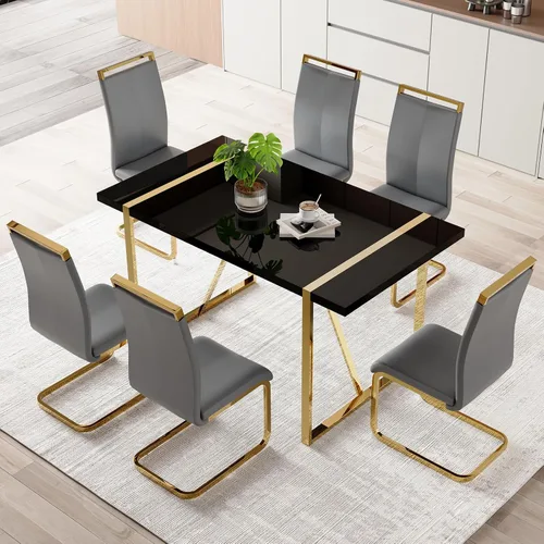 Miniatura 11 de Moderno juego de mesa de comedor para 4, juego de mesa de comedor dorado de 55 pulgadas con 4 sillas de piel sintética negra, mesa de madera negra