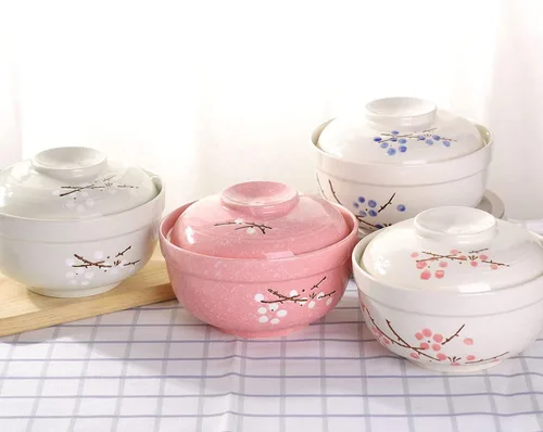 Miniatura 6 de WHJY Vajilla japonesa creativa de cerámica pintada a mano con tapa para sopa y fideos, con función de preservación del calor, cuenco y tapa azul