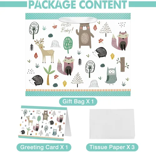 Miniatura 3 de Bolsa de regalo grande de 13 pulgadas con tarjeta y papel de seda para baby shower, cumpleaños de niños (animales del bosque)