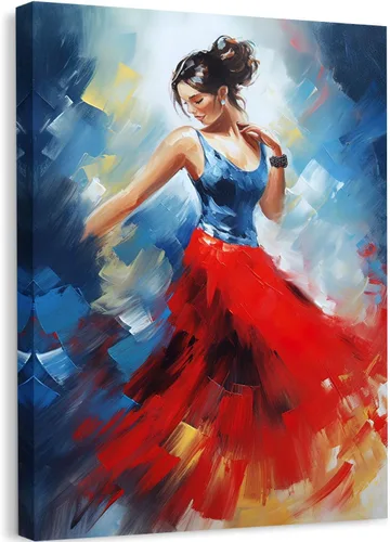 GLOKAKA Arte abstracto de la pared de niña bailarina contemporánea con falda roja con parte superior azul y falda roja, obra de arte para decoración
