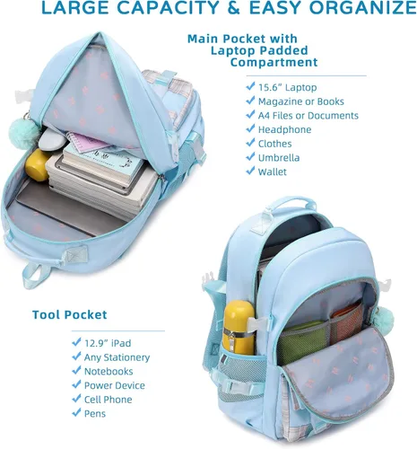 Miniatura 7 de Mochila para Niñas de 15.6 Pulgadas para Laptop, Bolsa Escolar para Niños de Primaria y Universidad, Mochilas y Bolsas de Libros para Niñas, Azul