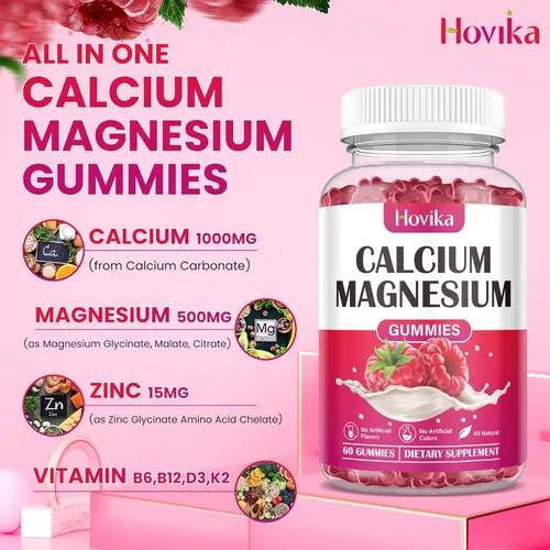 Miniatura 2 de Gomitas de calcio y magnesio y zinc, proporción 2:1 de calcio y magnesio con vitamina D3, K2, B6, B12 para fuerza ósea, función muscular y salud