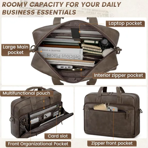 Miniatura 4 de RAINSMORE Bolsa de cuero para hombre de 16 pulgadas, bolso de mensajero vintage para hombre, bolso cruzado grande para el hombro, oficina, Madera