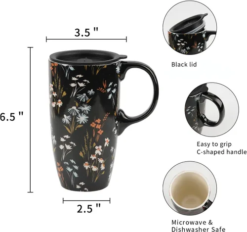 Miniatura 8 de Topadorn Taza de Café de Cerámica Taza de Viaje Regalo con Tapa 17oz., Taza de Té Alta de Porcelana con Asa para el Hogar y la Oficina, Taza