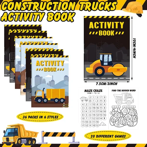 Miniatura 2 de Sinmoe Juego de 36 libros de actividades para fiestas infantiles, incluye camiones de construcción: camiones volquete, excavadoras, grúas, tractores