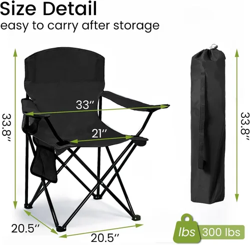 Miniatura 3 de Silla plegable para acampar con portavasos y bolsa de almacenamiento lateral, capacidad de 300 libras, ligera, respaldo alto, portátil para playa