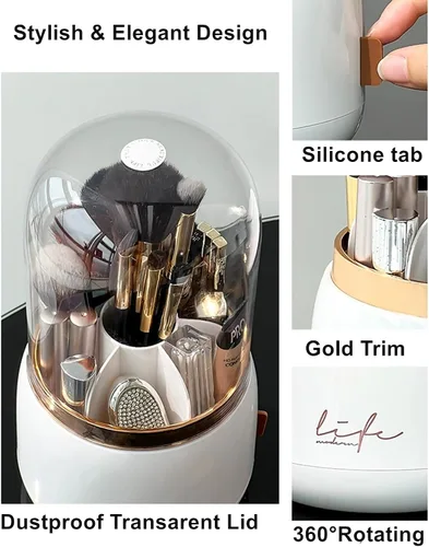 Miniatura 7 de Soporte giratorio para brochas de maquillaje con tapa, organizador de maquillaje transparente a prueba de polvo para encimera de tocador, incluye un