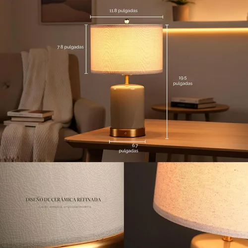 Miniatura 5 de O'Bright Dune - Lámpara de mesa alimentada por batería, lámpara de cerámica inalámbrica recargable, tamaño completo de 19.5 pulgadas de altura, Gris