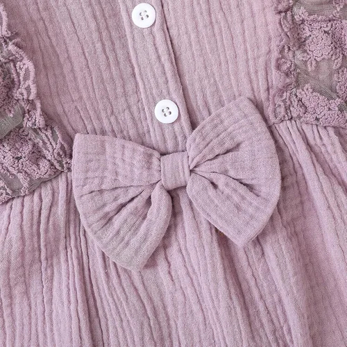 Miniatura 5 de Mono de algodón para bebé, ropa de niña con lazo para niña, un mameluco de encaje de lino para niñas de 0 a 24 meses (morado, 12 a 18 meses)