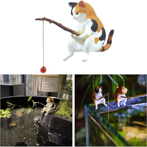 Miniatura 8 de Yuly Pescado Paisajismo Pesca Adornos de Gato Mini Estatua de Resina de Dibujos Animados Gato Estatua para el Hogar Oficina Acuario