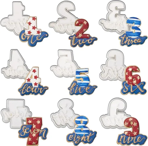 Mostop Cortador de galletas con números con sellos, cortador de galletas de fondant, herramientas de decoración de pasteles para fiesta de