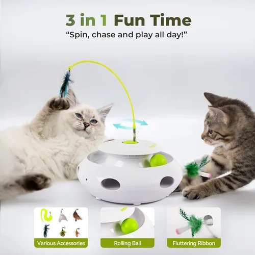 Miniatura 2 de ALL FOR PAWS Juguete interactivo 3 en 1 para gatos con bolas rodantes, juguete de plumas Whack-a-Mole, juguetes giratorios automáticos para gatitos