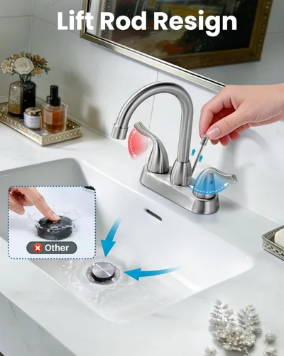 Miniatura 2 de ARCORA Grifo de baño moderno de 2 manijas níquel cepillado, grifo de baño centerset de 4 pulgadas con ensamblaje de drenaje y mangueras