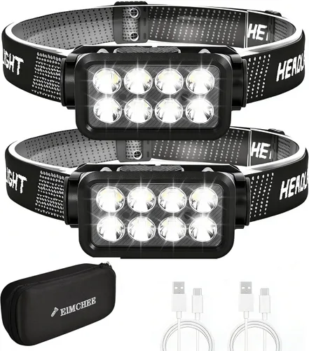 Miniatura 8 de Elmchee Paquete de 2 faros recargables de 2500 lúmenes, 5 LED brillantes, 7 modos de sensor de movimiento ajustable, linterna de cabeza impermeable