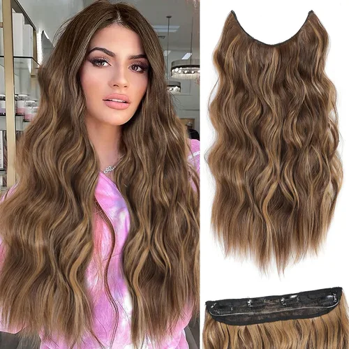 Miniatura 30 de Extensiones de cabello con halo de 12 pulgadas con alambre invisible, cabello largo ondulado ajustable, sintético, mejora con 4 clips de seguridad