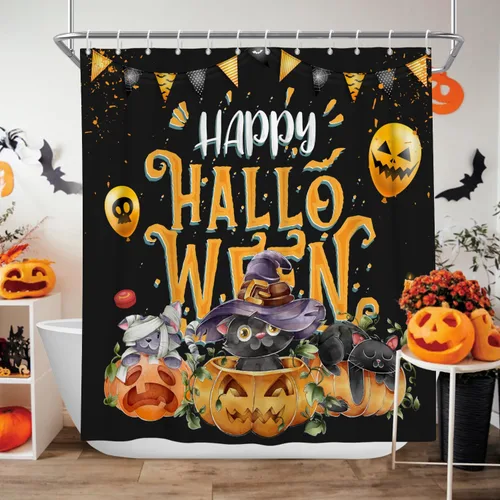 Cortina de ducha de Halloween, cortinas de ducha de calabaza y gato aterradoras para baño, decoración de fiesta de Hlloween, cortina de baño,