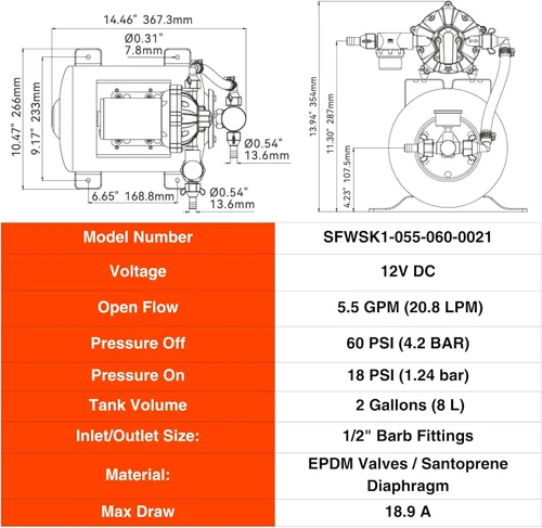 Miniatura 9 de SEAFLO Bomba de agua marina 12 V CC 60 PSI 5,5 GPM Sistema de tanque acumulador de 2 galones Sistema de aumento de presión del acumulador para un