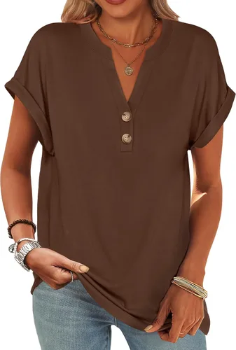 Miniatura 28 de ANRABESS - Camisetas Henley de manga corta para mujer, cuello en V, elegantes, estilo informal, de corte suelto; blusas fluidas de verano, ropa