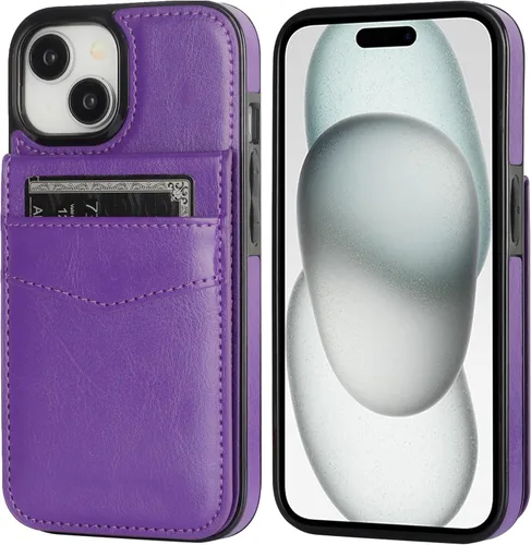 Miniatura 3 de KIHUWEY Funda compatible con iPhone 15 con soporte para tarjeta de crédito, cierre magnético de cuero de alta calidad, función atril, funda Violeta