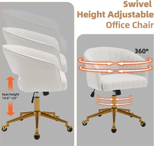 Miniatura 4 de Westice Sillas de escritorio de oficina en casa, moderna silla rodante de terciopelo, silla giratoria de altura ajustable con base dorada, silla