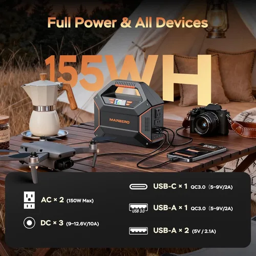 Miniatura 2 de MARBERO Generador solar de 155 Wh con panel solar incluido Estación de energía portátil de 30 W, 100 W, 150 W, sobretensión, multisalida, generador