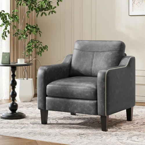 MALOL Silla decorativa de piel sintética, moderna de mediados de siglo, para sala de estar, tipo sillón con cojines removibles, estructura de madera
