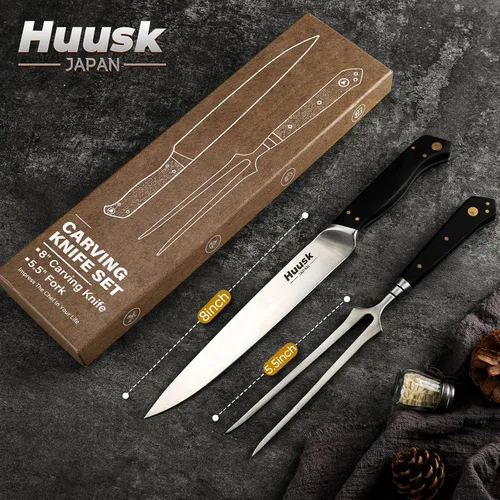 Miniatura 7 de Huusk Juego de cuchillos para tallar pavo, tenedor y cuchillo afilado para carne, barbacoa, pechuga, cuchillo japonés para rebanar con caja