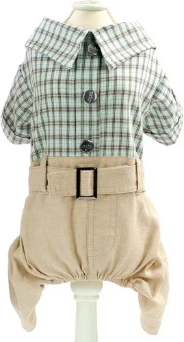 Miniatura 3 de SMALLLEE_Lucky_Store Camisas de algodón a cuadros británicos con botones para perros pequeños, niños con cinturón, pantalones casuales para Verde