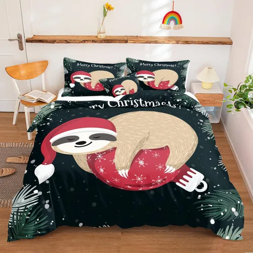 Miniatura 19 de Juego de ropa de cama de Navidad con funda de edredón de copos de nieve, color blanco y rojo, con estampado navideño, juego de ropa de cama festiva