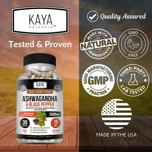 Miniatura 5 de Kaya Naturals Raíz de Ashwagandha con pimienta negra Suplemento adaptógeno de máxima fuerza de 1300 mg, ayuda a la salud suprarrenal, glandular