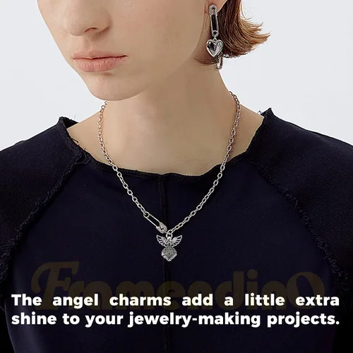 Miniatura 3 de Framendino, Paquete de 100 dijes de ángel de plata antigua para hacer joyas, pulseras y manualidades, aleación, No es una piedra preciosa