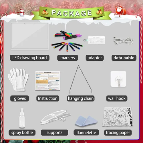 Miniatura 2 de Pizarra de dibujo LED con 8 colores, pizarra acrílica de borrado en seco de 13 x 10 pulgadas con 13 efectos de luz, tablero de garabatos brillantes