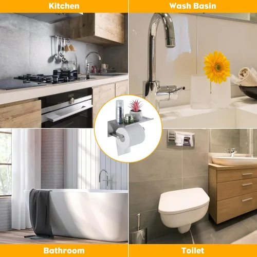 Miniatura 2 de Soporte de papel higiénico con estante, soporte adhesivo montado en la pared para baño, soporte para rollo de pañuelos con estante de almacenamiento
