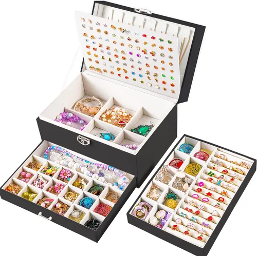 Miniatura 188 de Joyero de pendientes para mujeres y niñas, organizador de aretes de 5 capas, caja organizadora de joyas blanca con candado, collares y aretes