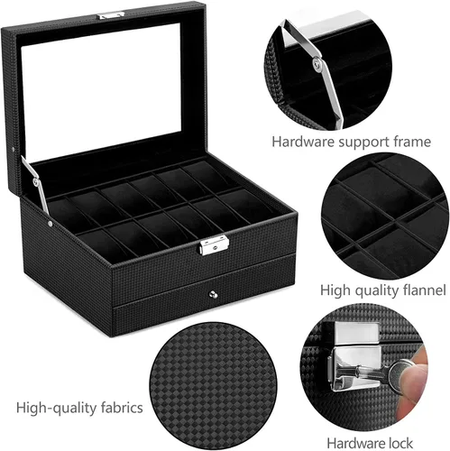 Miniatura 3 de Oyydecor Caja de reloj con 12 ranuras, organizador de relojes, organizador de joyas con cajón de joyería para almacenamiento y exhibición