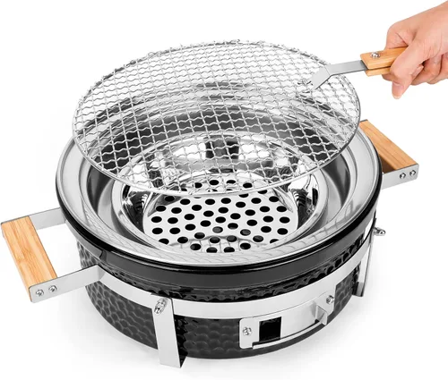 Miniatura 9 de ONLYFIRE GRILLS Parrilla de carbón Hibachi de cerámica con elevador de rejilla, parrilla Yakitori portátil de 14 pulgadas con rejilla de acero