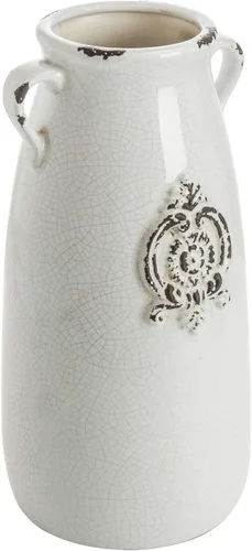 MyGift Jarrón de cerámica blanca con mango y diseño de sello en relieve, jarrón antiguo en forma de jarra de flores de mesa