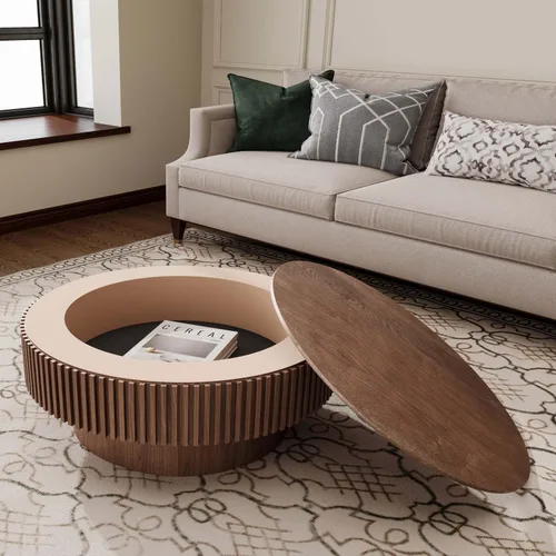 Miniatura 3 de Mesa de centro redonda con almacenamiento, moderna mesa de centro de madera con chapeado de madera maciza, mesa central circular mesa de té de 31.5