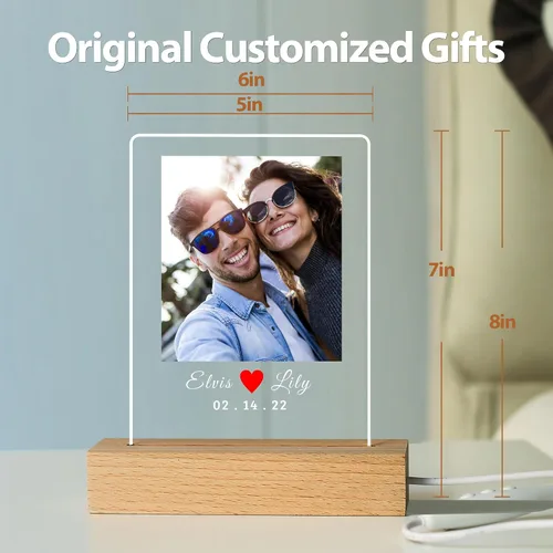 Miniatura 3 de Placa de fotos de acrílico LED personalizada, regalos de aniversario personalizados para parejas con nombres grabados, luz nocturna romántica