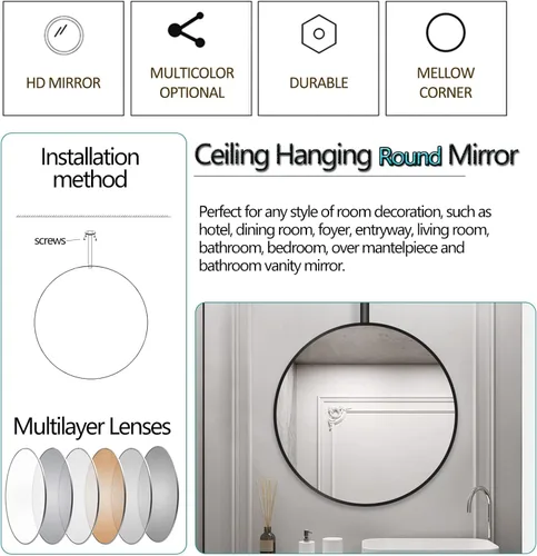 Miniatura 5 de Espejo redondo grande para colgar en el techo, espejo de pared circular con pluma montada en el techo y marco de metal, espejo colgante decorativo