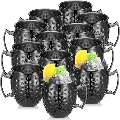 Hoolerry 12 tazas Moscow Mule de acero inoxidable negro a granel Moscú chapado en cobre tazas con asa de 12 onzas con acabado martillado taza para
