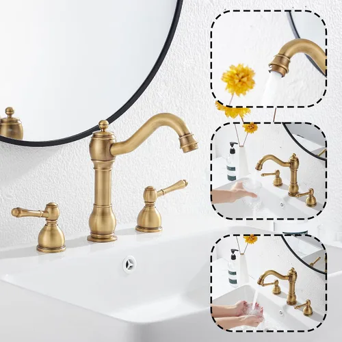 Miniatura 2 de Grifo de 2 manijas para lavabo de tres agujeros, grifo de lavabo de baño extendido, grifo mezclador, manguera de suministro incluida, desagüe Latón