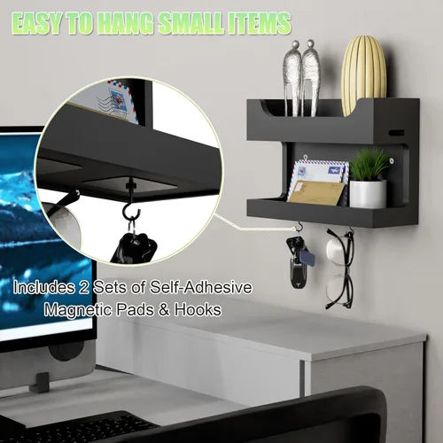 Miniatura 5 de NiHome Organizador de Accesorios para Cama Montado en la Pared, Estantería de Almacenamiento para Mesita de Noche con Dos Bandejas y Ganchos Negro