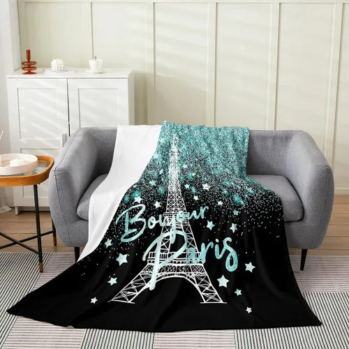 Miniatura 11 de Feelyou Manta de felpa de la Torre Eiffel con purpurina, color azul, morado, pastel, para todas las estaciones, manta de cama para niños, manta