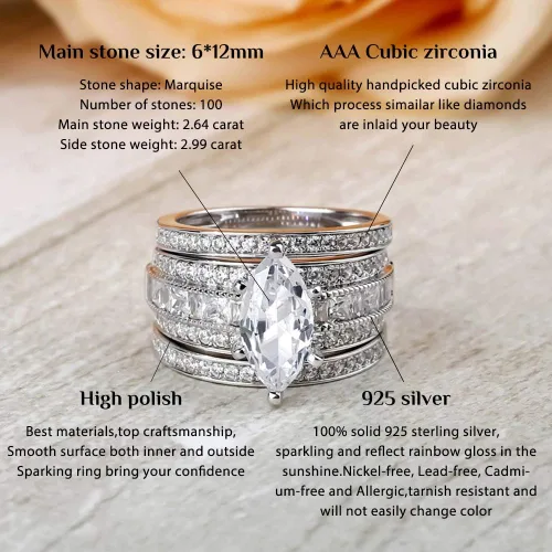 Miniatura 4 de Jeulia Juego de anillos de boda de 2 quilates de 3 piezas para mujer, anillos de compromiso de circonita cúbica de corte marquesa de plata de ley