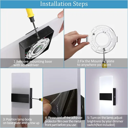 Miniatura 8 de Lightess Aplique de pared moderno regulable. Lámpara de pared de 12 W en negro, lámpara de pared interior de acrílico para dormitorio, sala