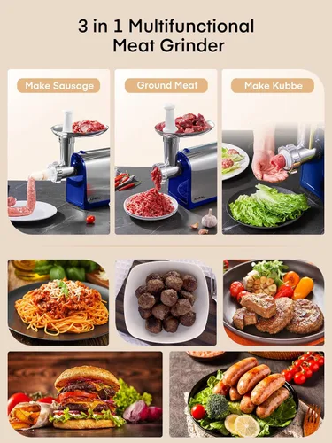 Miniatura 2 de Picadora de carne eléctrica, embutidora de salchichas con 3 tubos para salchichas, 2 cuchillas, 3 placas, 3200W máx, picadora de carne de alta Azul