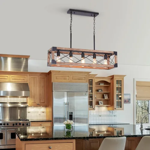 Miniatura 8 de Iluminación de Isla de Cocina Estilo Granja, Lámpara de Comedor de 5 Luces, Candelabro Lineal Estilo Granja con Madera Maciza para Comedor Cocina