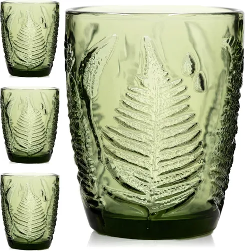 Miniatura 12 de Juego de 4 vasos vintage de vidrio transparente prensado a mano de 10 onzas, cristalería retro en relieve de helecho, vasos texturizados para agua